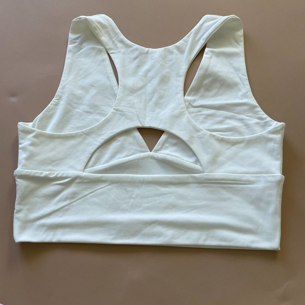 Cream Sports Bra Womens Large Cutout Back Yoga Pilates Longline Workout Top